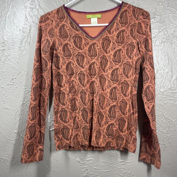 Sigrid Olsen Top Orange Paisley V Neck Neck Long Sleeve Size Small - Picture 1 of 4